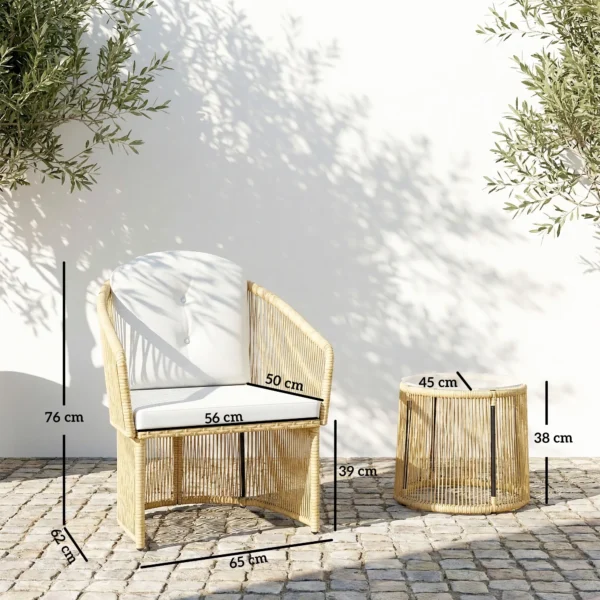 Rieten Bistro Set, 3 delige Tuinmeubelset Met Ronde Glazen Tafel, Stoelen En Kussens, Crème Wit