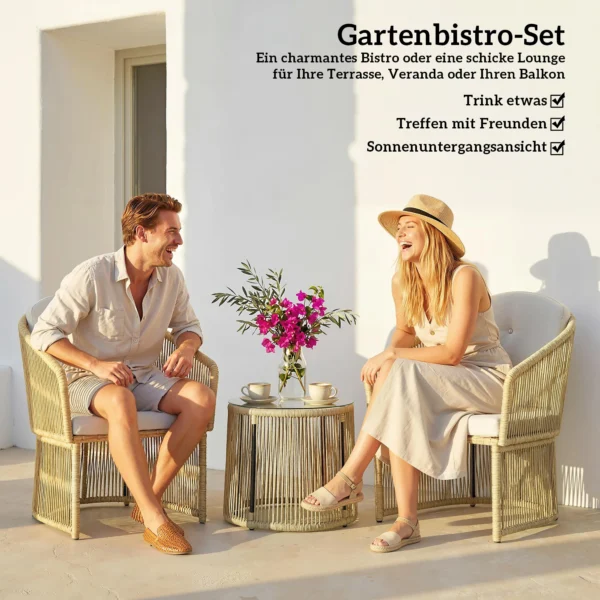 Rieten Bistro Set, 3 delige Tuinmeubelset Met Ronde Glazen Tafel, Stoelen En Kussens, Crème Wit