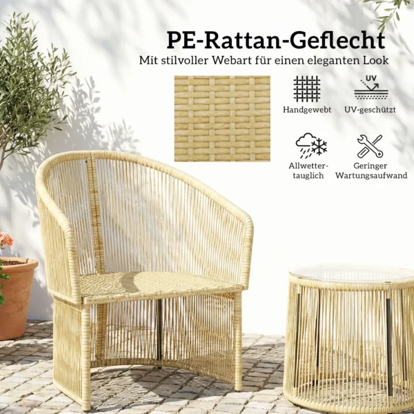 Rieten Bistro Set, 3 delige Tuinmeubelset Met Ronde Glazen Tafel, Stoelen En Kussens, Crème Wit