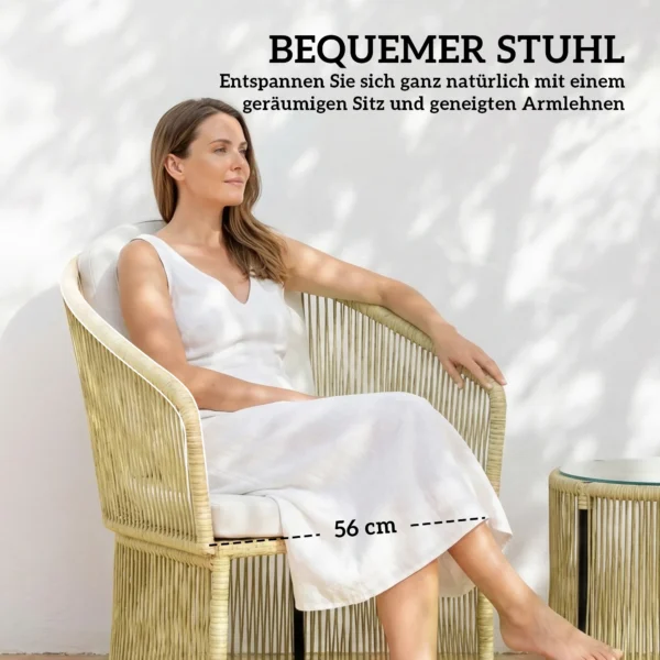 Rieten Bistro Set, 3 delige Tuinmeubelset Met Ronde Glazen Tafel, Stoelen En Kussens, Crème Wit