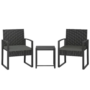 Rieten Bistroset, 3 delige Tuinmeubelset Met 2 Tuinstoelen, Salontafel, Afneembaar Kussen Donkergrijs