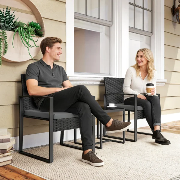 Rieten Bistroset, 3 delige Tuinmeubelset Met 2 Tuinstoelen, Salontafel, Afneembaar Kussen Donkergrijs