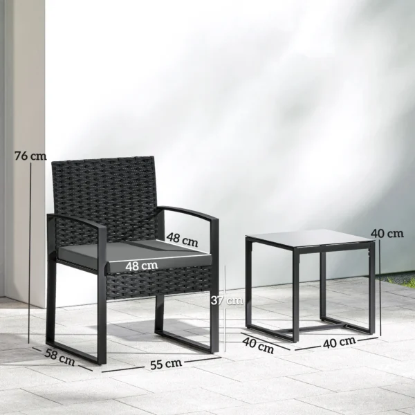 Rieten Bistroset, 3 delige Tuinmeubelset Met 2 Tuinstoelen, Salontafel, Afneembaar Kussen Donkergrijs