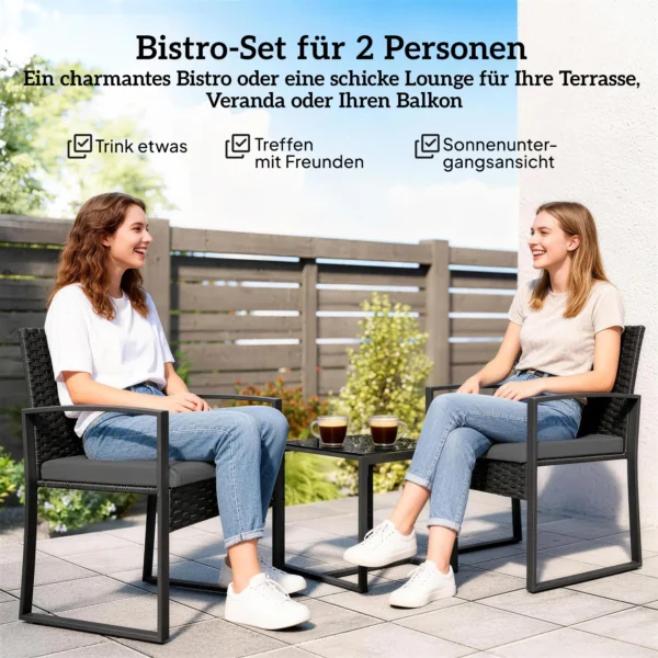 Rieten Bistroset, 3 delige Tuinmeubelset Met 2 Tuinstoelen, Salontafel, Afneembaar Kussen Donkergrijs