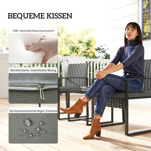 Rieten Bistroset, 3 delige Tuinmeubelset Met 2 Tuinstoelen, Salontafel, Afneembaar Kussen Donkergrijs