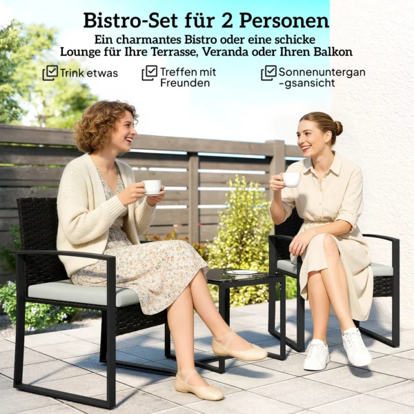 Rieten Bistroset, 3 delige Tuinmeubelset Met 2 Tuinstoelen, Salontafel, Afneembare Kussens In Crèmewit