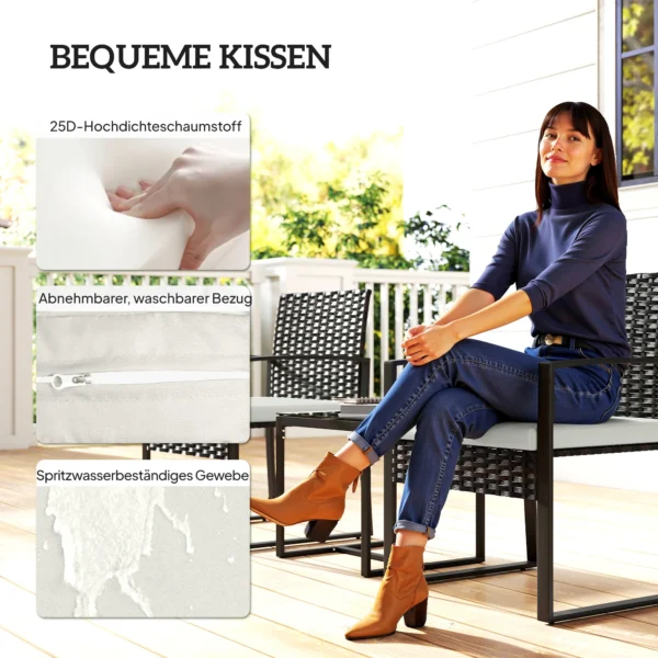 Rieten Bistroset, 3 delige Tuinmeubelset Met 2 Tuinstoelen, Salontafel, Afneembare Kussens In Crèmewit