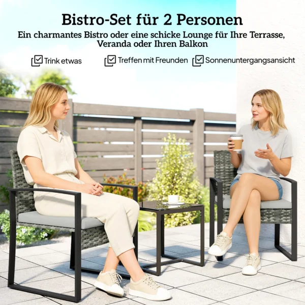 Rieten Bistroset, 3 delige Tuinmeubelset Met 2 Tuinstoelen, Salontafel, Afneembare Kussens Lichtgrijs