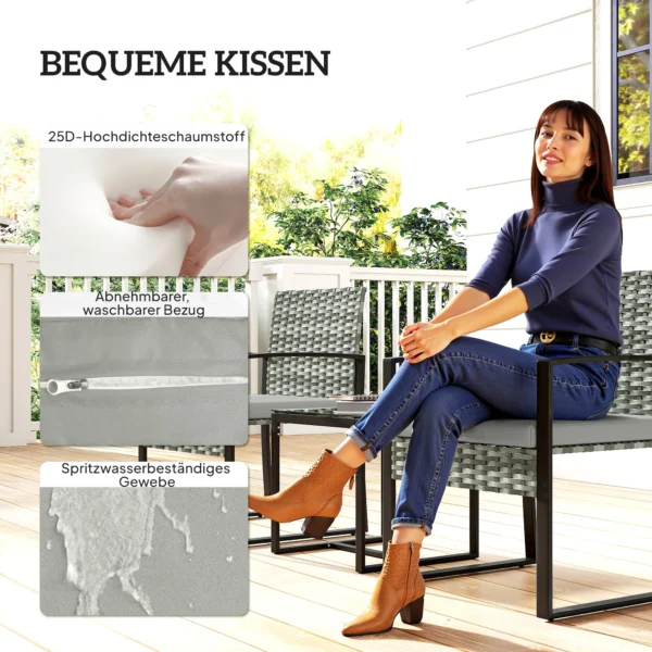 Rieten Bistroset, 3 delige Tuinmeubelset Met 2 Tuinstoelen, Salontafel, Afneembare Kussens Lichtgrijs