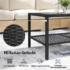 Rieten Salontafel, Tweelaags Buitentafel Met Opbergvak, Gehard Glazen Blad En Stalen Frame, Zwart