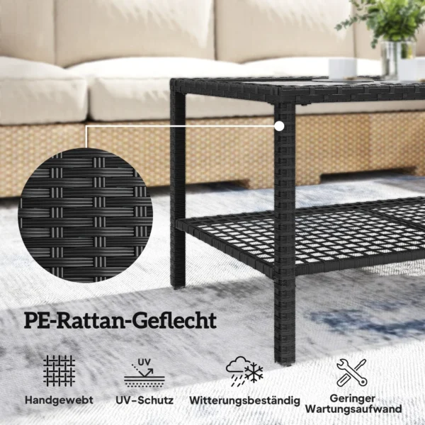 Rieten Salontafel, Tweelaags Buitentafel Met Opbergvak, Gehard Glazen Blad En Stalen Frame, Zwart