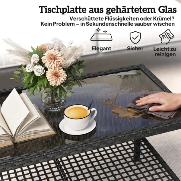 Rieten Salontafel, Tweelaags Buitentafel Met Opbergvak, Gehard Glazen Blad En Stalen Frame, Zwart