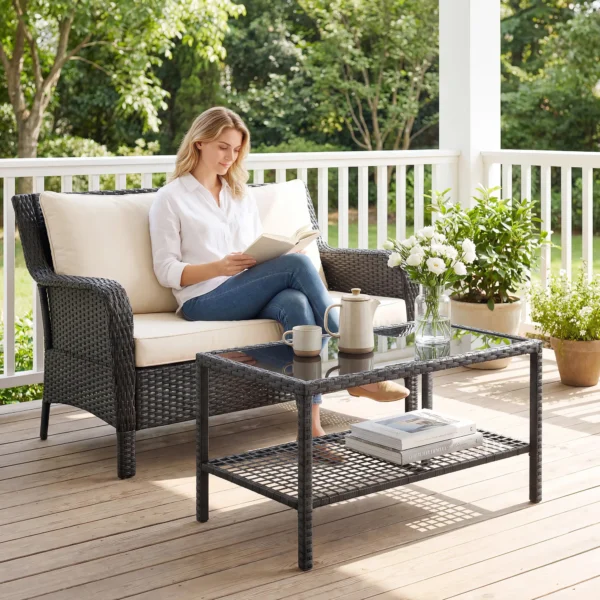 Rieten Salontafel, Tweelaags Buitentafel Met Opbergvak, Gehard Glazen Blad En Stalen Frame, Zwart
