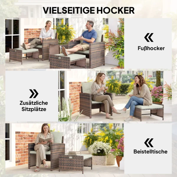 Rieten Tuinmeubelset 5 delige Balkonmeubelset Met 2 Stoelen Kussens Hocker Tafel Opbergvak Crèmewit