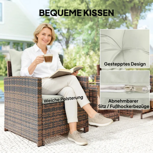 Rieten Tuinmeubelset 5 delige Balkonmeubelset Met 2 Stoelen Kussens Hocker Tafel Opbergvak Crèmewit