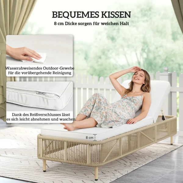 Rieten Zonneligstoel, 5 voudig Verstelbare PE rieten Buitenligstoel Met Kussen, Tuinligstoel