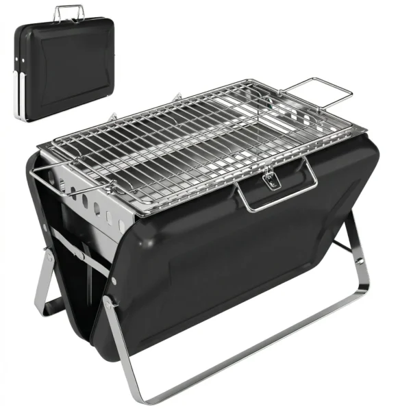 Roestvrijstalen Houtskoolgrill BBQ Smoker Met Grillrooster Handvat Inklapbare Poten Voor Barbecue Camping 40x28x25,5cm Zwart