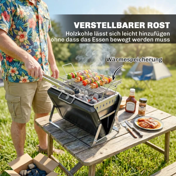 Roestvrijstalen Houtskoolgrill BBQ Smoker Met Grillrooster Handvat Inklapbare Poten Voor Barbecue Camping 40x28x25,5cm Zwart