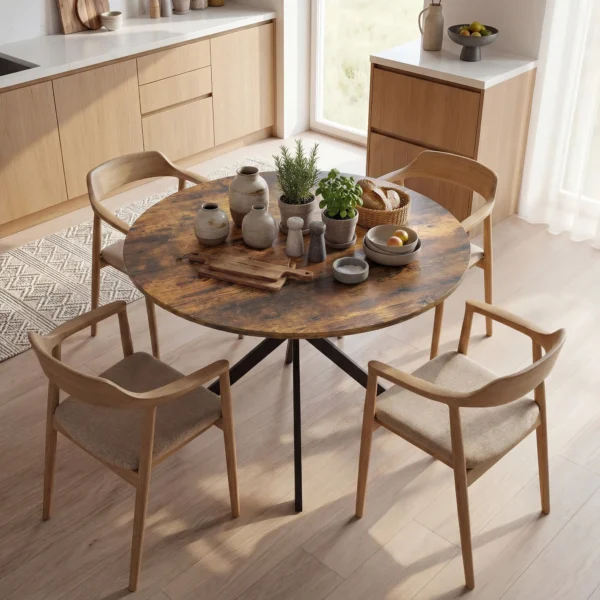 Ronde Eettafel Voor 4 Personen, Keukentafel In Industriële Stijl Met Stalen Poten, Voor Eetkamer, Keuken, Rustiek Bruin