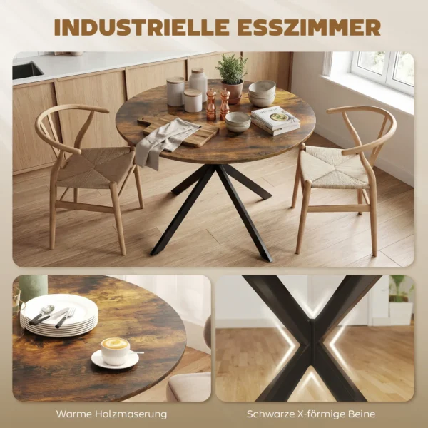 Ronde Eettafel Voor 4 Personen, Keukentafel In Industriële Stijl Met Stalen Poten, Voor Eetkamer, Keuken, Rustiek Bruin