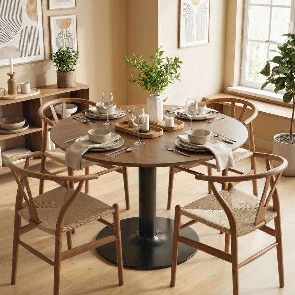 Ronde Eettafel Voor 6 Personen, 110 Cm Moderne Keukentafel Met Voetstuk Voor Woonkamer, Bruin Houtnerf