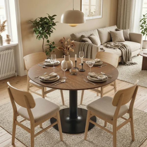 Ronde Eettafel Voor 6 Personen, 110 Cm Moderne Keukentafel Met Voetstuk Voor Woonkamer, Bruin Houtnerf