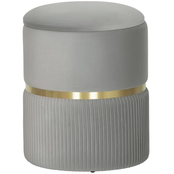 Ronde Opbergkruk, Fluweel Beklede Kruk Met Afneembaar Deksel, Gevoerde Zitting En Verborgen Opslagruimte, Lichtgrijs