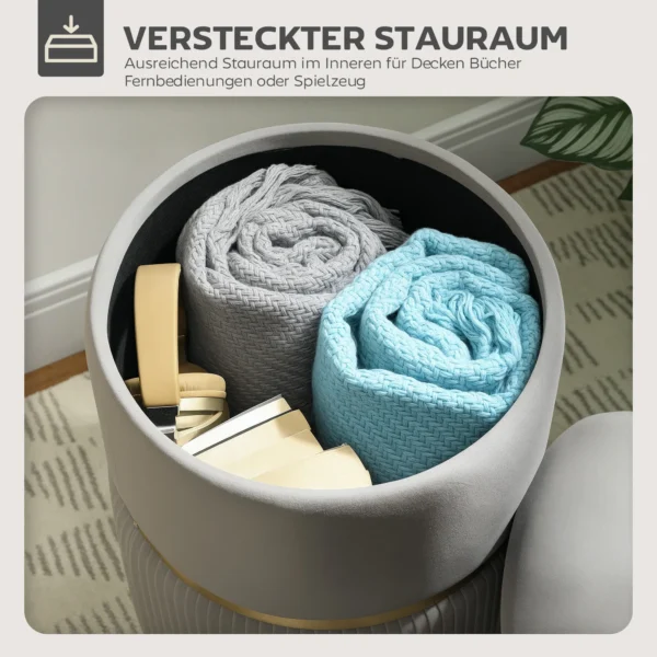 Ronde Opbergkruk, Fluweel Beklede Kruk Met Afneembaar Deksel, Gevoerde Zitting En Verborgen Opslagruimte, Lichtgrijs