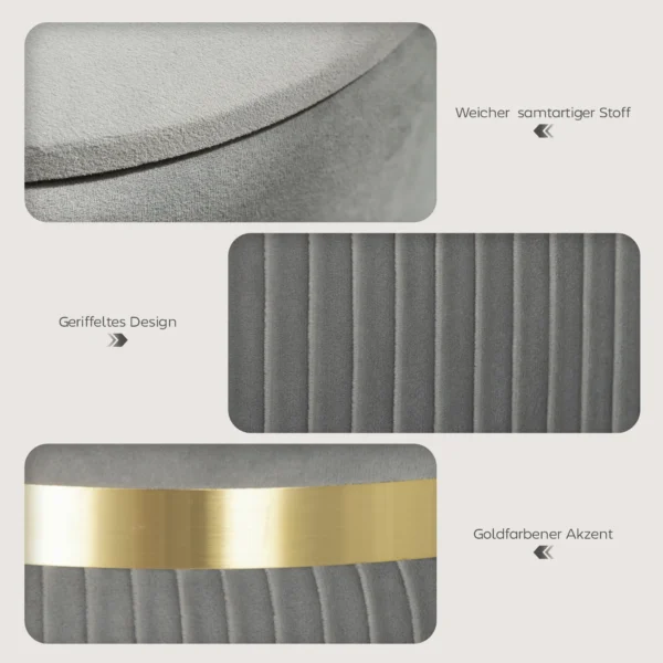 Ronde Opbergkruk, Fluweel Beklede Kruk Met Afneembaar Deksel, Gevoerde Zitting En Verborgen Opslagruimte, Lichtgrijs