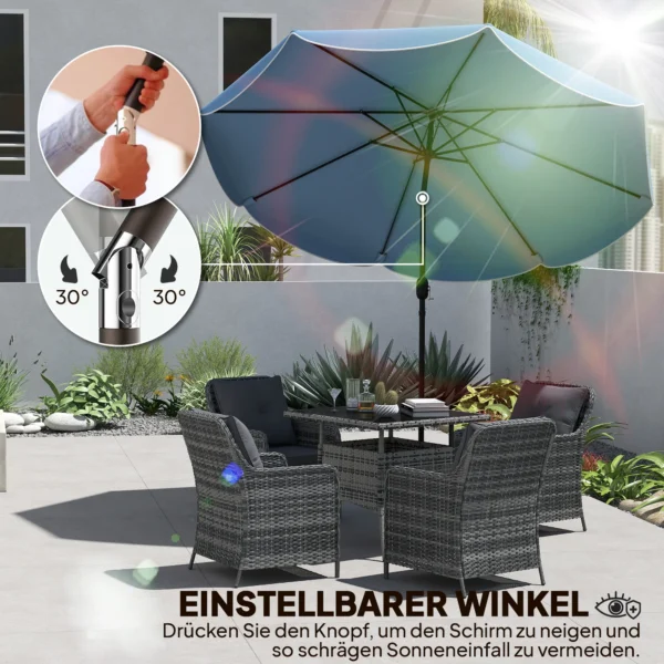 Ronde Parasol Balkonparasol Strandparasol Met 3 voudige Kanteling, Zwengel, 8 Spaken Ø265 X 235H Cm Hemelsblauw