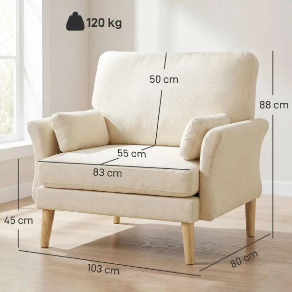 Samtgevoerde Fauteuil, Extra Grote Accentstoel Met Houten Poten, Leesstoel Voor Woon En Slaapkamer, Roomwit
