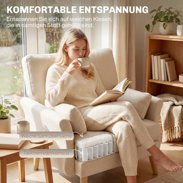 Samtgevoerde Fauteuil, Extra Grote Accentstoel Met Houten Poten, Leesstoel Voor Woon En Slaapkamer, Roomwit