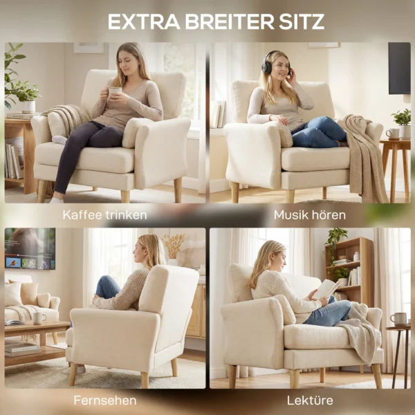 Samtgevoerde Fauteuil, Extra Grote Accentstoel Met Houten Poten, Leesstoel Voor Woon En Slaapkamer, Roomwit