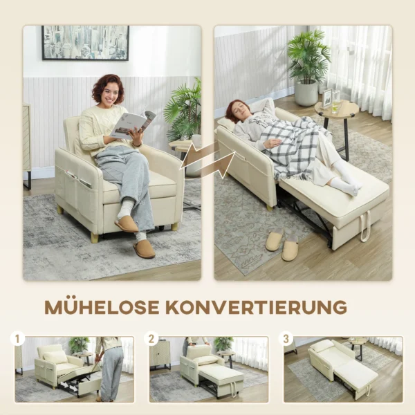 Schlafsessel 3 In 1 Omzetbare Stoel Met Bedfunctie, Brede Zitoppervlakte Voor Woonkamer, Beige