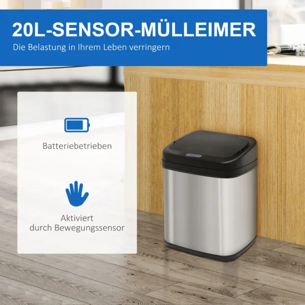 Sensor Prullenbak 20L Roestvrij Staal Automatische Prullenbak Met Bewegingssensor, Binnenbak 33 X 25 X 42,5 Cm Zilver+Zwart