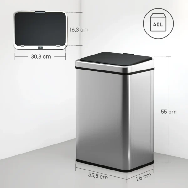 Sensor Vuilnisbak 40L Roestvrij Staal Automatische Vuilnisbak Met Soft Close Deksel Bewegingssensor 35,5 X 26 X 55 Cm Zilver