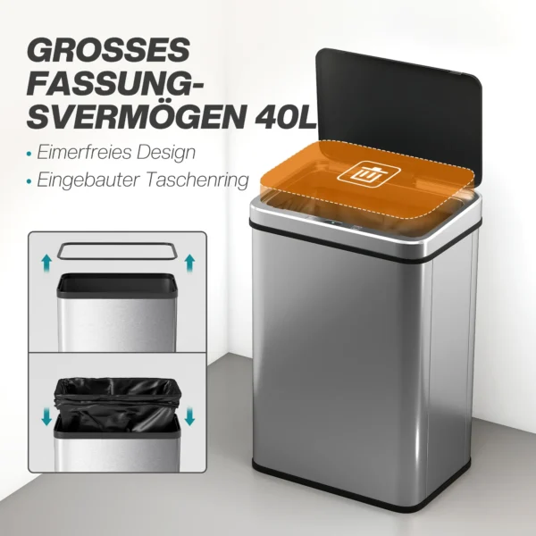 Sensor Vuilnisbak 40L Roestvrij Staal Automatische Vuilnisbak Met Soft Close Deksel Bewegingssensor 35,5 X 26 X 55 Cm Zilver