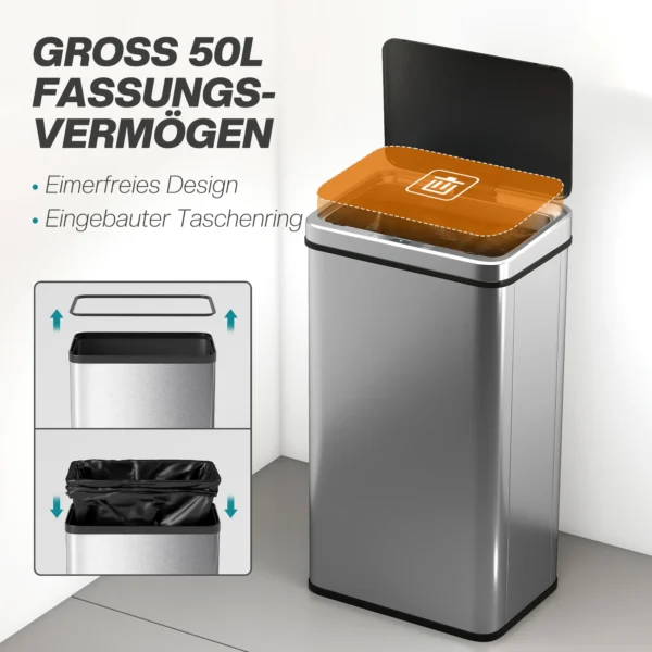 Sensor Vuilnisbak 50L Roestvrij Staal Automatische Vuilnisbak Met Soft Close Deksel Bewegingssensor 35,5 X 26 X 67 Cm Zilver