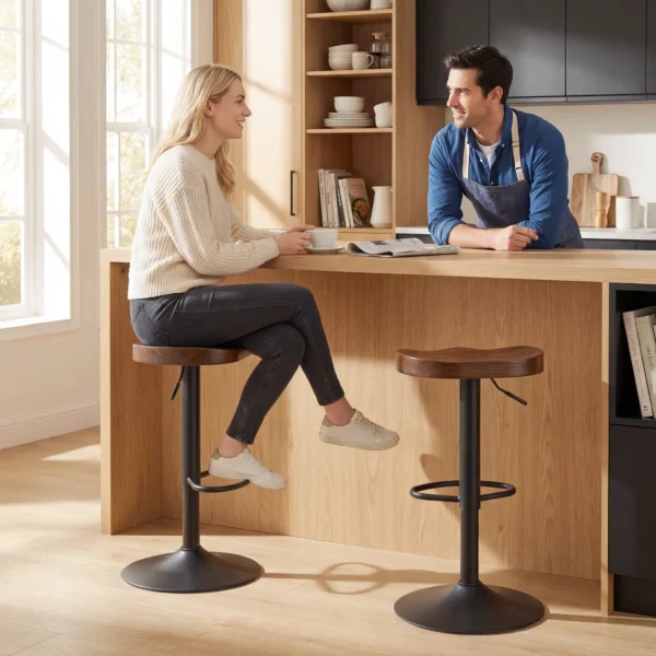 Set Van 2 Barkrukken, In Hoogte Verstelbare Draaistoelen Met Zadelzitting Van Iepenhout In Donkerbruin