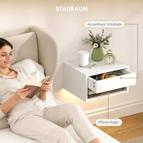 Set Van 2 Nachtkastjes Met RGB LED verlichting, Zwevend Nachtkastje Met Lade En Open Vak, Wit