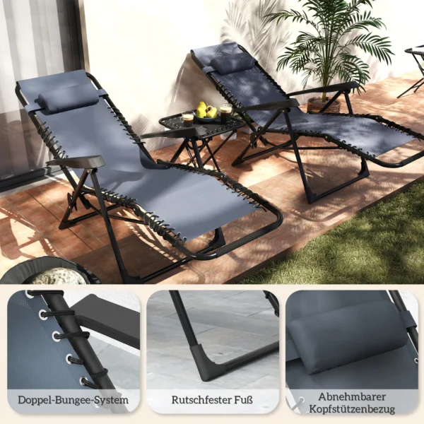 Set Van 2 Opvouwbare Zonneligstoelen Zero Gravity Met Hoofdsteunen Inclusief Bijzettafel Met 2 Drankhouders