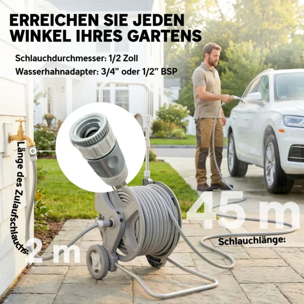 Slangenwagen 45 M Slanghaspel Met 2 Sproeipatronen, Kraanadapter Kruk 2 Wielen 45 X 44 X 78 Cm Grijs