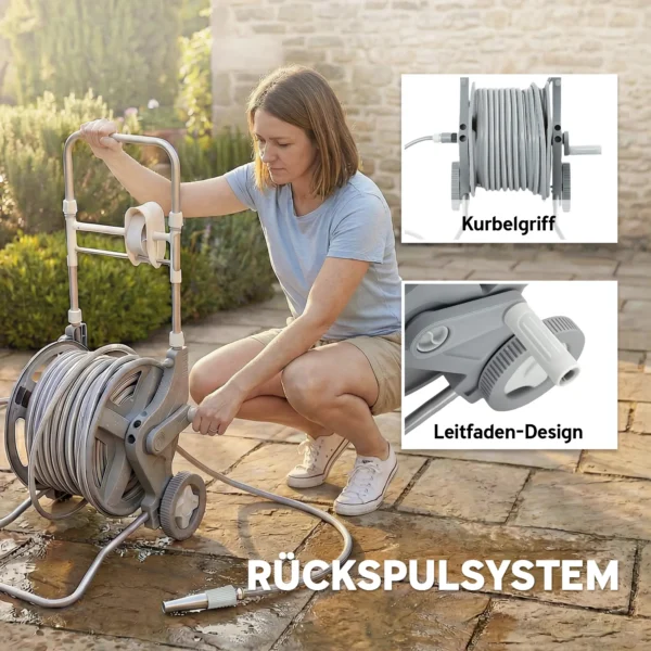 Slangenwagen 45 M Slanghaspel Met 2 Sproeipatronen, Kraanadapter Kruk 2 Wielen 45 X 44 X 78 Cm Grijs