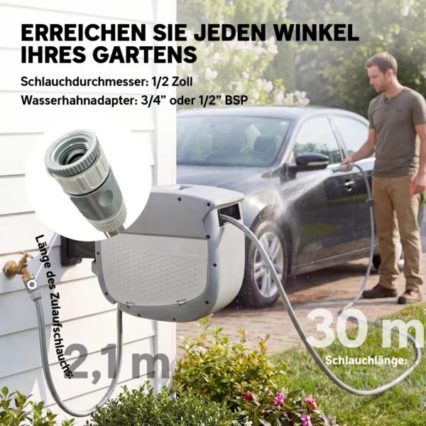 Slanghaspel Met Tuinslang Van 30 M, 180° Draaibaar, Slangdoos Met Automatische Oprolfunctie, Zelfvergrendeling
