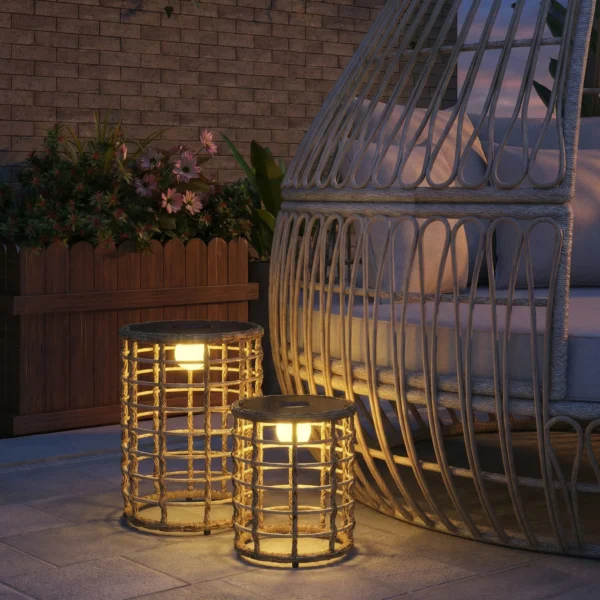 Solar Staande Lamp 2 delige Set Rattan Solarlampen Met Lichtsensor LED Solarlicht In Boho Stijl IP44