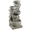 Springbrunnen Outdoor Aus Kunstharz Fünfstöckig Gartenbrunnen Mit LED Beleuchtung Pumpe Steinoptik 34 X 36 X 80 Cm