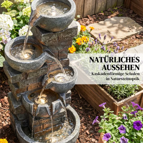 Springbrunnen Outdoor Aus Kunstharz Fünfstöckig Gartenbrunnen Mit LED Beleuchtung Pumpe Steinoptik 34 X 36 X 80 Cm