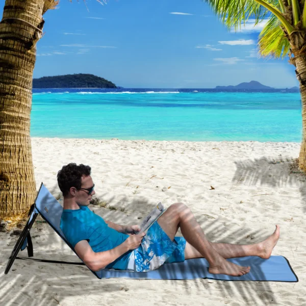 Strandstoel, Opvouwbaar, Verstelbare Rugleuning, Zijtas, Zachte Bekleding, Stalen Frame, Blauw, 142x51x40cm