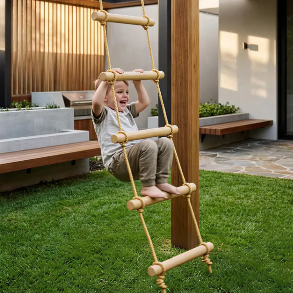 Strickleiter Voor Kinderen 5 traps Klimladder Met 2 Karabijnhaken 2 Boomriemen Voor 3 8 Jaar 40 X 3,5 X 180 Cm Natuurhout
