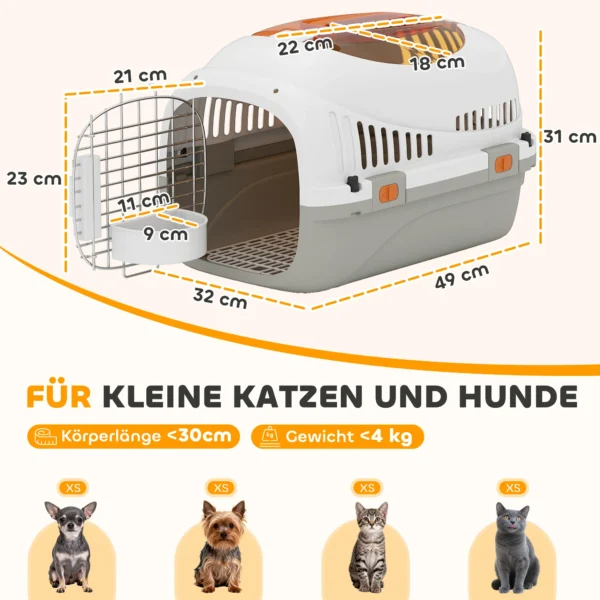 Transportbox Hondentransportbox Voor Kat Miniature Honden Tot 4kg Hondenbox Met Dakopening Voerbak 49x32x31cm Lichtgrijs